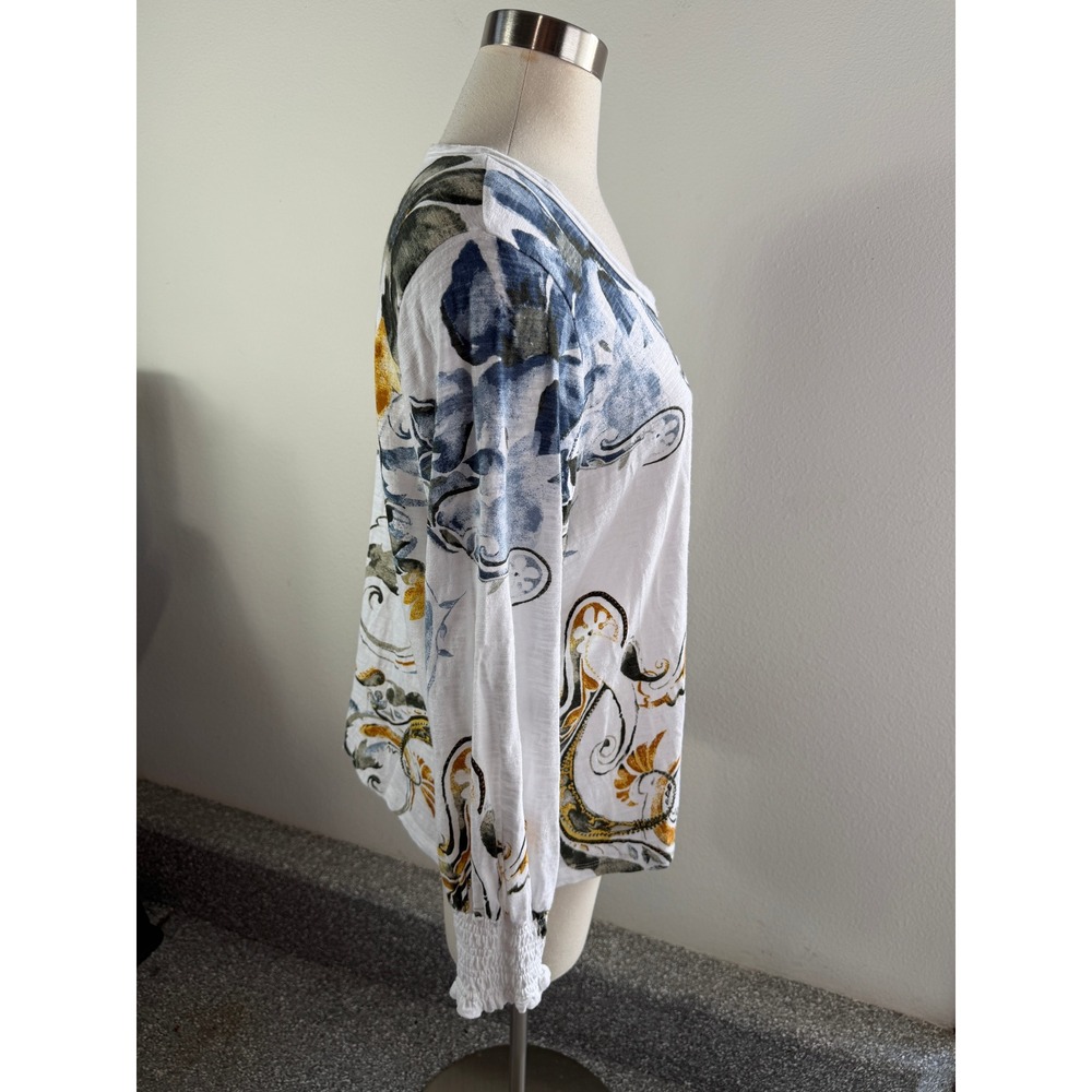 Chicos Women Large White Floral Paisley Slub Knit Scoop Neck Smocked Cuff Top - Picture 8 of 10